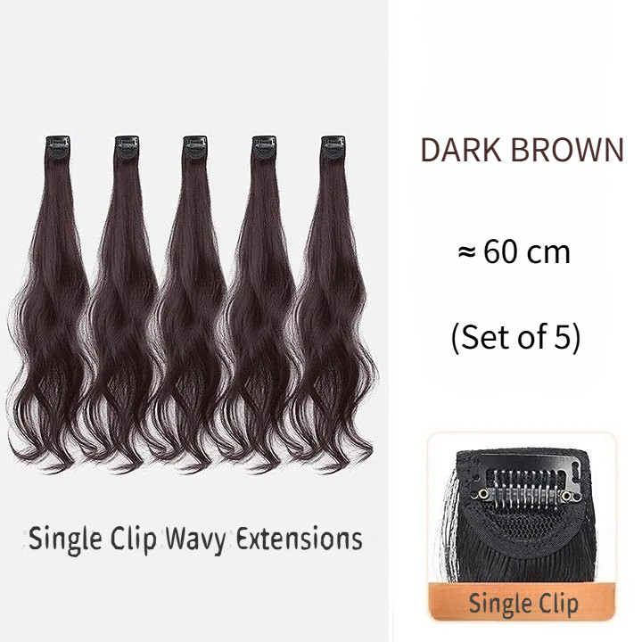 DARK BROWN,5-Piece Single-Clip Wavy Hair Extensions