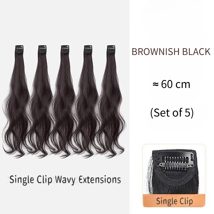 BROWNISH BLACK,Hullámos hajhosszabbítás csattal, 5 darabos készlet