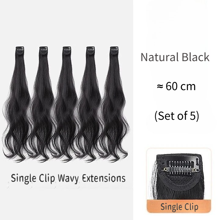NATURAL BLACK,Hullámos hajhosszabbítás csattal, 5 darabos készlet